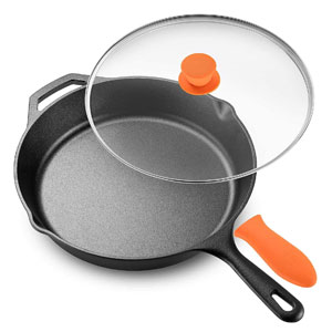 Cast Iron Skillet For Glass Top Stove with Glass Lid & Silicone Handle